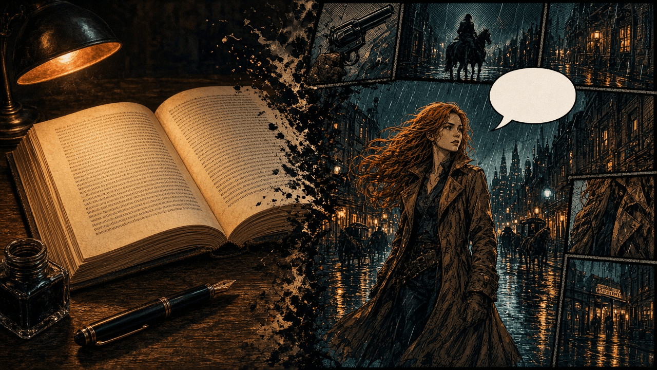 Split scene: a novel manuscript on a writer's desk transforming into a western comic splash of the same copper-haired adventurer