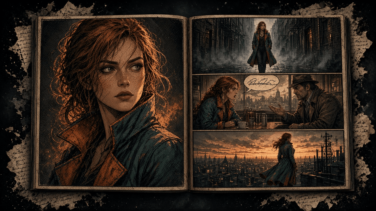 Four-panel western comic page of a copper-haired adventurer in a sequential story, from a quiet desk beat to an outdoor chase