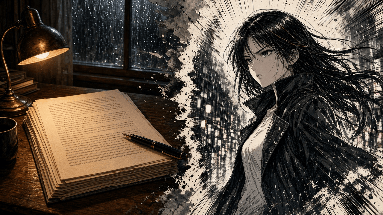 Split scene: a novel manuscript on a writer's desk transforming into a black-and-white manga splash of the same dark-haired heroine in a rain-slick Tokyo alley