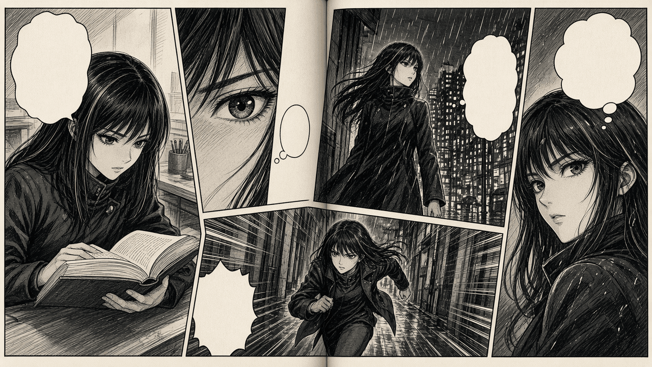Manga page spread of a dark-haired heroine in sequential panels, from reading at a desk to running through rain, with empty speech balloons